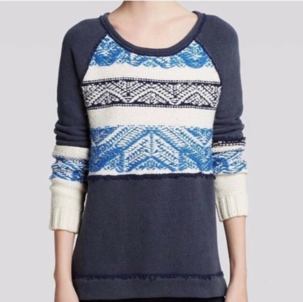 Free People Blue Aztec Tribal Soft Boho Snow Angel Angora Rabbit Hair Sweater S - Picture 3 of 16